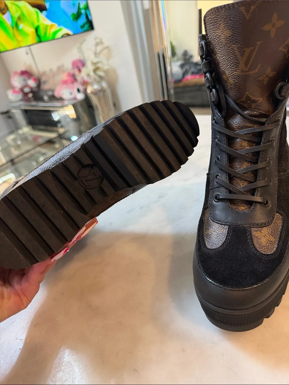 Black Suede Combat Boots with Brown Monogram Accents size 36 1/2